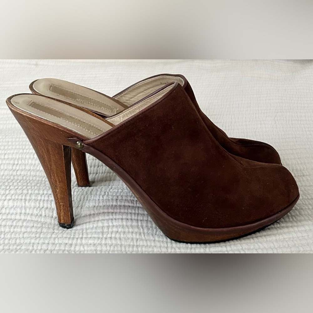 Michael Kors Collection Italy Suede Wood Heels Mules SZ 9 Y2K Heeled Clogs brown